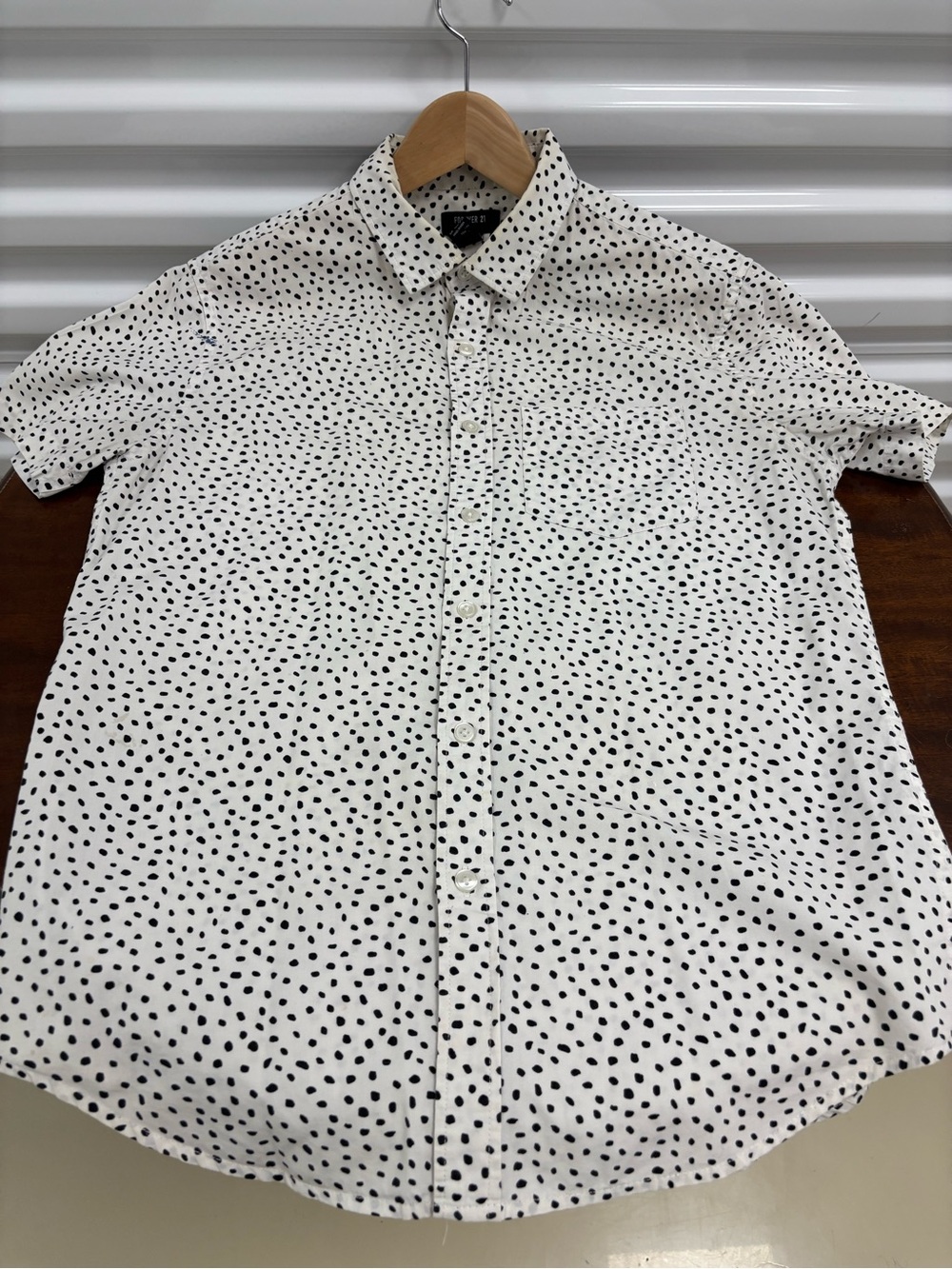 White Short-Sleeve Button-Down with Black Dot Print